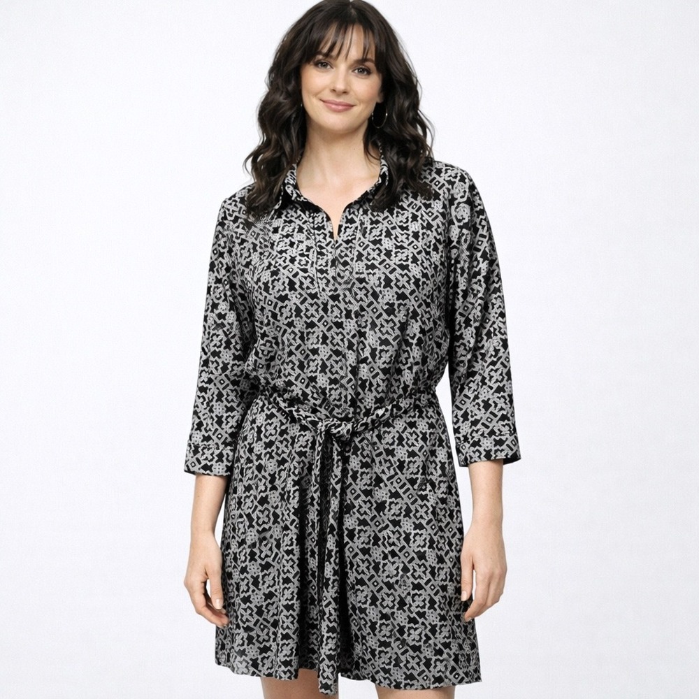 Laundry by Shelli Segal NEW Women Geometric Print Belted Shirt Dress Size Medium